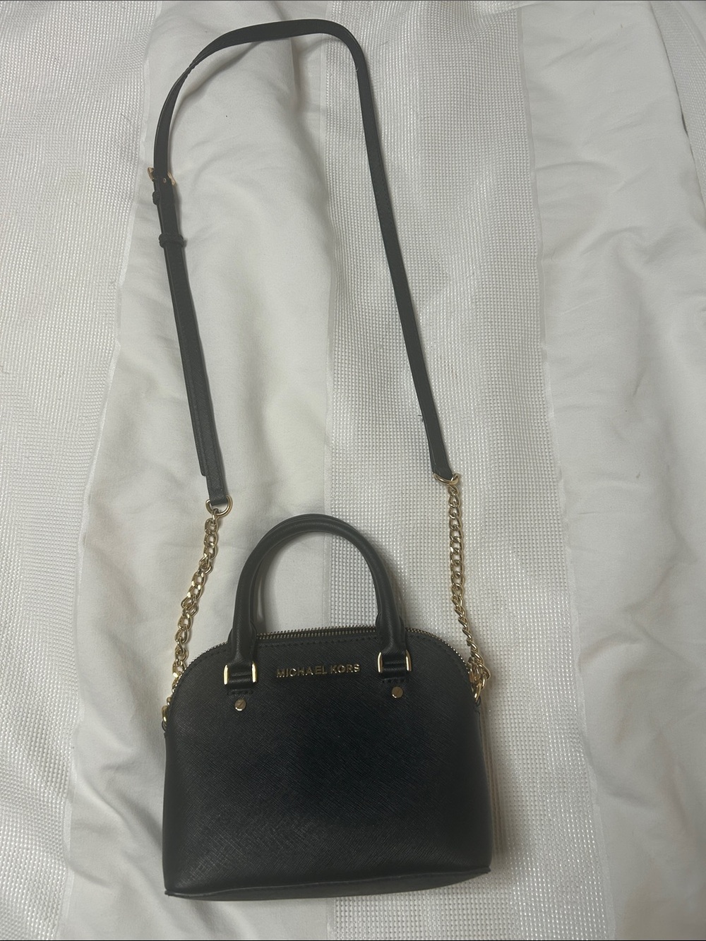 Michael Kors Black Saffiano Leather Satchel with Gold Chain Strap - Picture 2 of 6